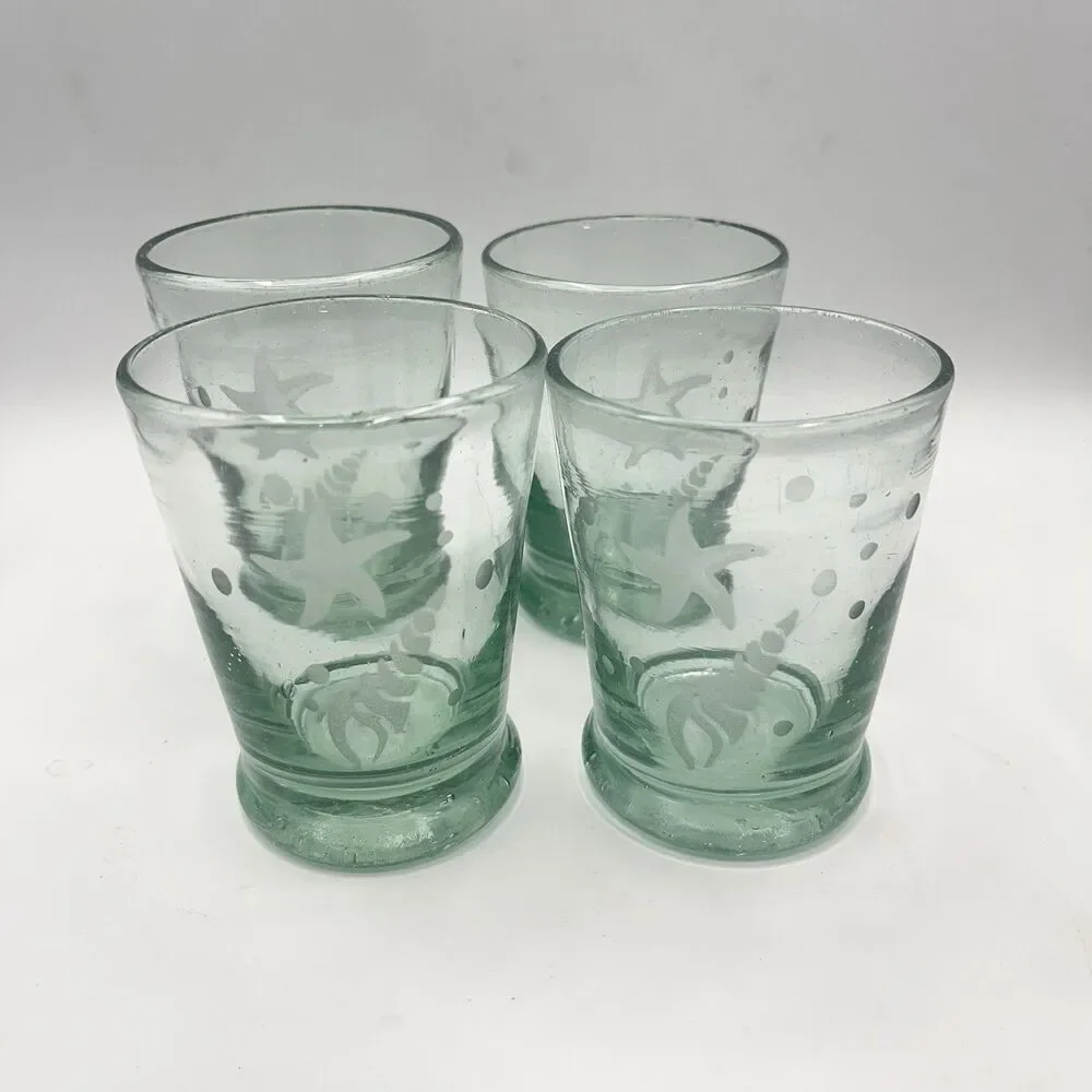 Set Of 4 Hand Blown Green Glass Etched Starfish Shell 8 oz 4” Heavyweight Bottom